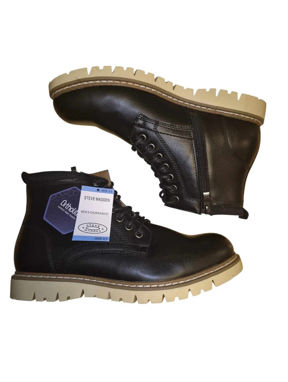 Steve Madden Black Leather Chukka Boots with Tan Lug Sole